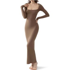 New PUMIEY Women 2XL Square Neck Long Sleeve Maxi Dress Ribbed Bodycon Dresses